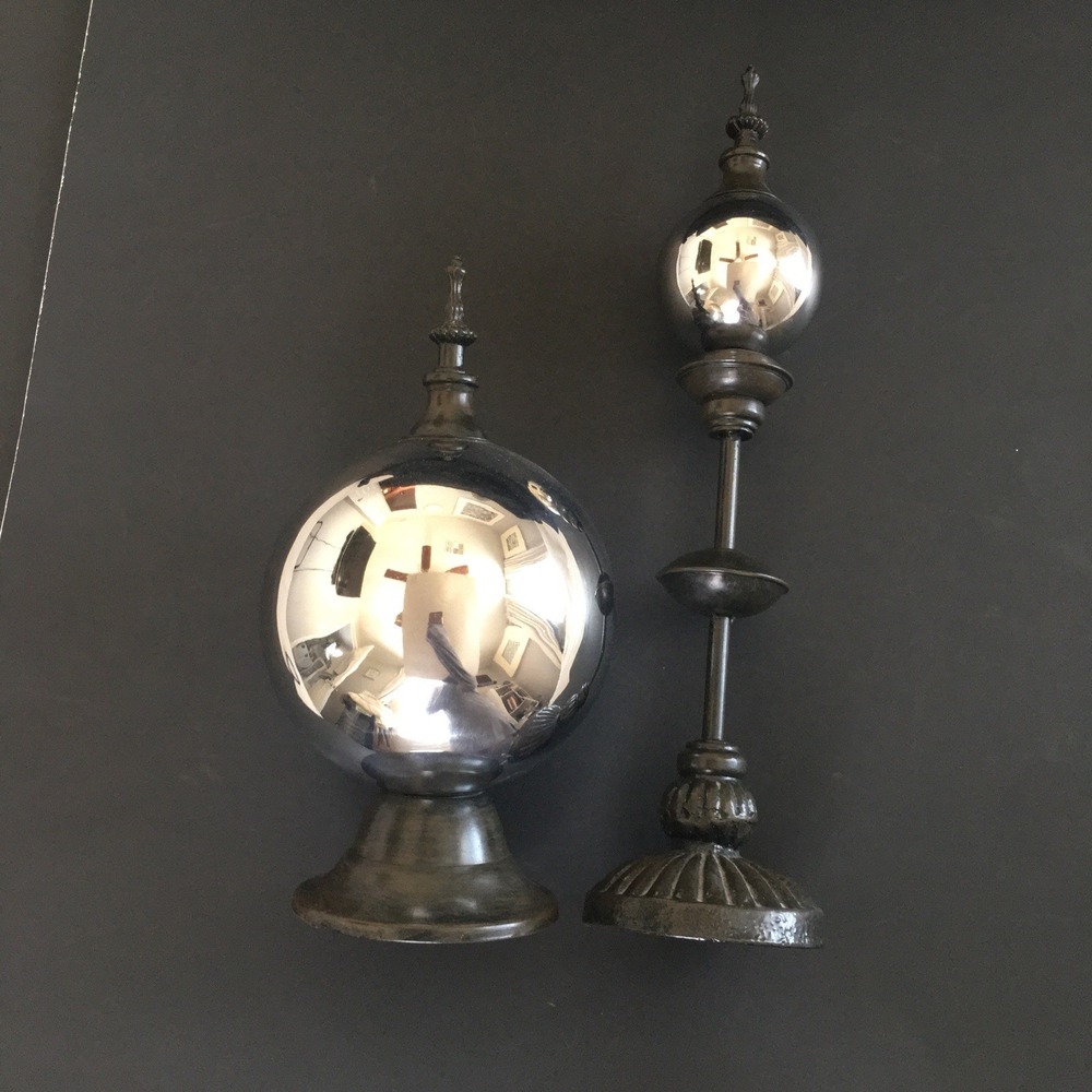 Pair Of Butler's Balls w/Cast Iron Finial Stand Chrome 17" and 12" Pair Weddings